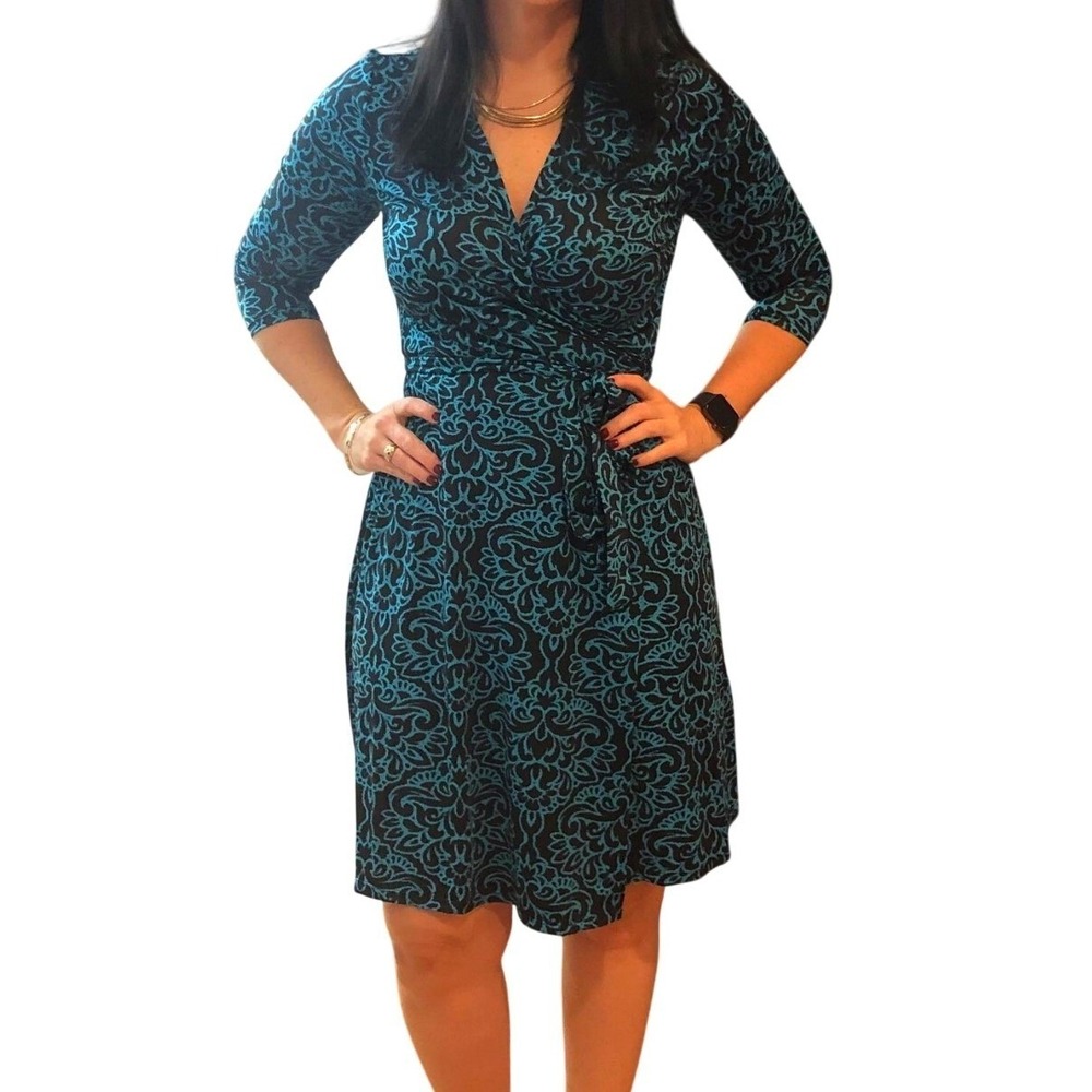 LuLaRoe Michelle Wrap Dress Teal Black Floral Stretch 3/4 Sleeve XS NWT
